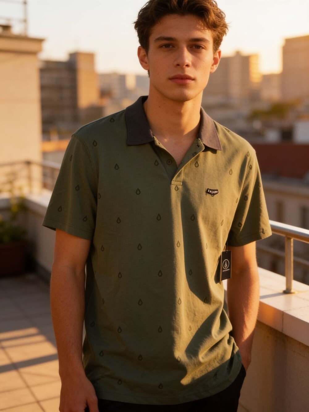 Volcom Men's Green All-Over Water Droplet Print Short Sleeve Polo Shirt